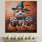 orkipoo Dog Halloween Wall Art Rustic Fall Canvas with Pumpkins Witch Hats and Bats Autumn Farmhouse Pet Decor for Living Room on Ready to Hang 1.5" Thick Canvas Wrap, Floating Framed Canvas, Flat Rolled Canvas