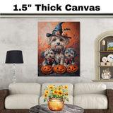 orkipoo Dog Halloween Wall Art Rustic Fall Canvas with Pumpkins Witch Hats and Bats Autumn Farmhouse Pet Decor for Living Room on Ready to Hang 1.5" Thick Canvas Wrap, Floating Framed Canvas, Flat Rolled Canvas