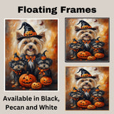 Yorkshire Terrier Dog Halloween Wall Art Rustic Fall Canvas with Pumpkins Witch Hats and Autumn Leaves Farmhouse Pet Decor for Living Room on Ready to Hang 1.5" Thick Canvas Wrap, Floating Framed Canvas, Flat Rolled Canvas