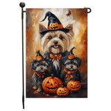 Yorkshire Terrier Dog Garden Flag Spooky Witch Hat Yorkie Puppy Seasonal Autumn Thanksgiving Holiday Patio Yard Outdoor Party Decor Puppy in Witch Hat Flag