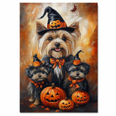 Yorkshire Terrier Dog Halloween Wall Art Rustic Fall Canvas with Pumpkins Witch Hats and Autumn Leaves Farmhouse Pet Decor for Living Room on Ready to Hang 1.5" Thick Canvas Wrap, Floating Framed Canvas, Flat Rolled Canvas