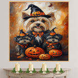 Yorkshire Terrier Dog Halloween Wall Art Rustic Fall Canvas with Pumpkins Witch Hats and Autumn Leaves Farmhouse Pet Decor for Living Room on Ready to Hang 1.5" Thick Canvas Wrap, Floating Framed Canvas, Flat Rolled Canvas