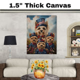 Yorkshire Terrier Dog Family in Patriotic Outfits and Flag Hats with Red Bows for Fourth of July Celebration on Ready to Hang 1.5" Thick Canvas Wrap, Floating Framed Canvas, Flat Rolled Canvas