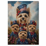 Yorkshire Terrier Dog Family in Patriotic Outfits and Flag Hats with Red Bows for Fourth of July Celebration on Ready to Hang 1.5" Thick Canvas Wrap, Floating Framed Canvas, Flat Rolled Canvas