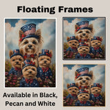 Yorkshire Terrier Dog Family in Patriotic Outfits and Flag Hats with Red Bows for Fourth of July Celebration on Ready to Hang 1.5" Thick Canvas Wrap, Floating Framed Canvas, Flat Rolled Canvas