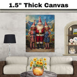 Santa Claus with Patriotic Elves in Red White and Blue Outfits with Star Hats for Fourth of July Festive Artwork on Ready to Hang 1.5" Thick Canvas Wrap, Floating Framed Canvas, Flat Rolled Canvas