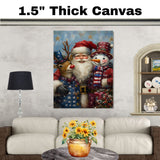 Santa with Rudolph and Snowman in Patriotic Outfits with Stars and Stripes for Festive Fourth of July Celebration Art on Ready to Hang 1.5" Thick Canvas Wrap, Floating Framed Canvas, Flat Rolled Canvas
