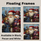 Santa with Rudolph and Snowman in Patriotic Outfits with Stars and Stripes for Festive Fourth of July Celebration Art on Ready to Hang 1.5" Thick Canvas Wrap, Floating Framed Canvas, Flat Rolled Canvas