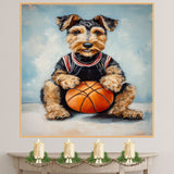 Airedale Terrier Basketball Wall Art – Sports Dog Canvas Print for Boys Room, Game Room Decor, Ready to Hang Framed or Rolled Canvas