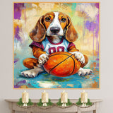Basset Hound Basketball Wall Art Print Sports Themed Dog Artwork for Bedroom Living Room and Game Room Ready to Hang Canvas or Framed Decor Gift for Dog Lovers