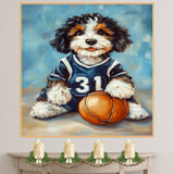 Bernedoodle Basketball Wall Art Print Sports Theme Dog Decor for Kids Game Room or Playroom Gift Ready to Hang Canvas or Framed Artwork
