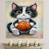 Tuxedo Cat Basketball Wall Art Print Sports Decor for Boys Game Room Athletic Black and White Cat Artwork Gift Ready to Hang Canvas or Framed Artwork