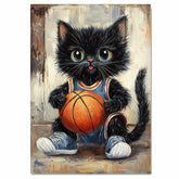 Black Cat Basketball Wall Art Print Sports Decor for Kids Game Room Athletic Cat Artwork Gift Ready to Hang Canvas or Framed Artwork