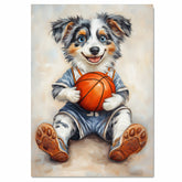 Australian Shepherd Basketball Wall Art Print Sports Room Decor for Kids Game Room or Playroom Gift Ready to Hang Canvas or Framed Artwork