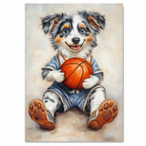 Australian Shepherd Basketball Wall Art Print Sports Room Decor for Kids Game Room or Playroom Gift Ready to Hang Canvas or Framed Artwork