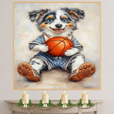 Australian Shepherd Basketball Wall Art Print Sports Room Decor for Kids Game Room or Playroom Gift Ready to Hang Canvas or Framed Artwork