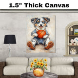 Australian Shepherd Basketball Wall Art Print Sports Room Decor for Kids Game Room or Playroom Gift Ready to Hang Canvas or Framed Artwork