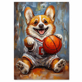 Corgi Dog Canvas Wall Art for Basketball Lovers Painting for Pet Dad's Wall Décor for Basket Ball Court on Ready to Hang 1.5" Thick Canvas Wrap, Floating Framed Canvas, Flat Rolled Canvas