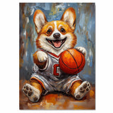 Corgi Dog Canvas Wall Art for Basketball Lovers Painting for Pet Dad's Wall Décor for Basket Ball Court on Ready to Hang 1.5" Thick Canvas Wrap, Floating Framed Canvas, Flat Rolled Canvas