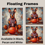 Doberman Puppy Basketball Wall Art Print Sports Room Decor for Boys Bedroom or Home Gym Gift Ready to Hang Canvas or Framed Artwork