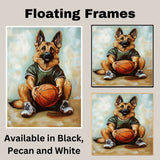 German Shepherd Puppy Basketball Wall Art Print Sports Room Decor for Boys Bedroom or Home Gym Gift Ready to Hang Canvas or Framed Artwork