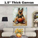 German Shepherd Puppy Basketball Wall Art Print Sports Room Decor for Boys Bedroom or Home Gym Gift Ready to Hang Canvas or Framed Artwork