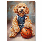 Goldendoodle Puppy Basketball Wall Art Print Sports Decor for Kids Playroom or Game Room Gift Ready to Hang Canvas or Framed Artwork