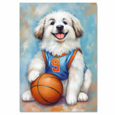 Great Pyrenees Puppy Basketball Wall Art Print Sports Room Decor for Kids Bedroom or Home Gift Ready to Hang Canvas or Framed Artwork