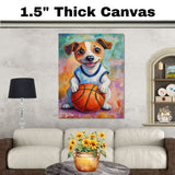 Jack Russell Terrier Basketball Wall Art Print 1.5 Inch Thick Canvas Sports Decor for Kids Playroom or Game Room Gift for Dog Owners