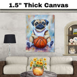 Pug Puppy Basketball Wall Art Print 1.5 Inch Thick Canvas Sports Decor for Kids Playroom or Game Room Gift for Dog Lovers