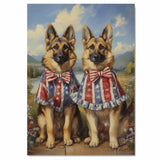 Patriotic German Shepherd Pair in Stars and Stripes Outfits – Americana Dog Wall Art for July 4th on Ready to Hang 1.5" Thick Canvas Wrap, Floating Framed Canvas, Flat Rolled Canvas