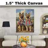 Patriotic German Shepherd Pair in Stars and Stripes Outfits – Americana Dog Wall Art for July 4th on Ready to Hang 1.5" Thick Canvas Wrap, Floating Framed Canvas, Flat Rolled Canvas