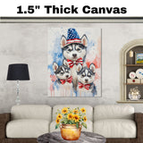 Siberian Husky Family in Patriotic Outfits – Cute 4th of July Husky Wall Art with Mother and Puppies on Ready to Hang 1.5" Thick Canvas Wrap, Floating Framed Canvas, Flat Rolled Canvas