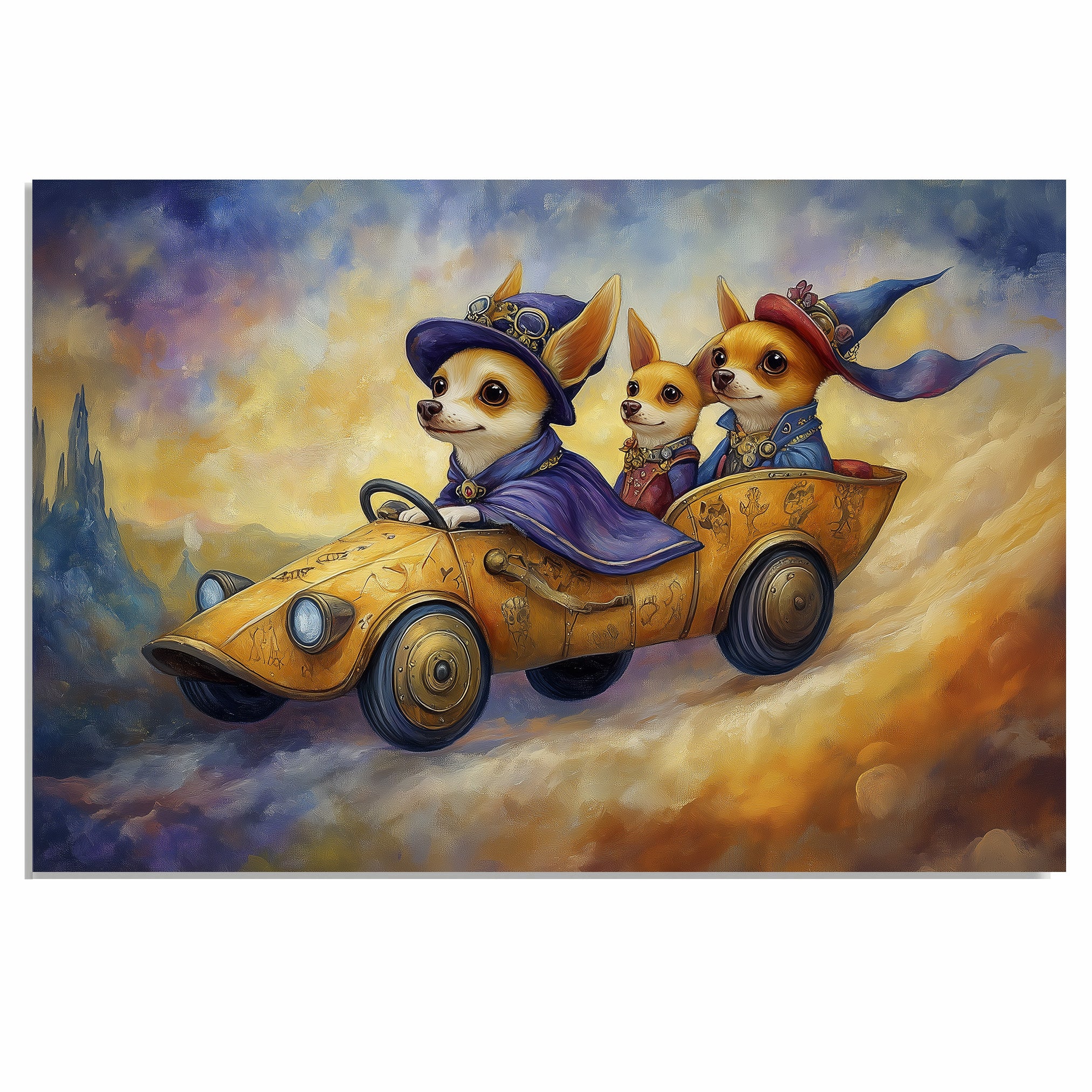 Whimsical Chihuahuas Flying Car Canvas Wall Art For Fantasy Decor - Main Image