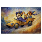 Whimsical Chihuahua Dogs Flying In Vintage Car Through Skies Magical Artwork For Dog Lovers And Storybook Decor on Ready to Hang 1.5" Thick Canvas Wrap, Floating Framed Canvas, Flat Rolled Canvas