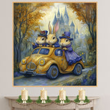 Whimsical Cats Driving Vintage Cars In Magical Forest Fantasy Artwork With Castle In The Background on Ready to Hang 1.5" Thick Canvas Wrap, Floating Framed Canvas, Flat Rolled Canvas