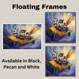 Whimsical Corgi Dogs Racing in a Golden Car Through the Sky on Ready to Hang 1.5" Thick Canvas Wrap, Floating Framed Canvas, Flat Rolled Canvas