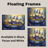 Whimsical Wizard Cats Riding Fantasy Boat In Magical Kingdom Artwork For Cat Lovers And Storybook Inspired Spaces on Ready to Hang 1.5" Thick Canvas Wrap, Floating Framed Canvas, Flat Rolled Canvas