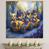 Whimsical Wizard Cats Racing in Enchanted Cars for Fantasy Lovers and Playful Spaces on Ready to Hang 1.5" Thick Canvas Wrap, Floating Framed Canvas, Flat Rolled Canvas