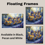 Whimsical Wizard Cats Racing in Enchanted Cars for Fantasy Lovers and Playful Spaces on Ready to Hang 1.5" Thick Canvas Wrap, Floating Framed Canvas, Flat Rolled Canvas