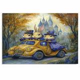 Whimsical Cats Driving Vintage Cars In Magical Forest Fantasy Artwork With Castle In The Background on Ready to Hang 1.5" Thick Canvas Wrap, Floating Framed Canvas, Flat Rolled Canvas