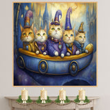 Whimsical Wizard Cats Riding Fantasy Boat In Magical Kingdom Artwork For Cat Lovers And Storybook Inspired Spaces on Ready to Hang 1.5" Thick Canvas Wrap, Floating Framed Canvas, Flat Rolled Canvas