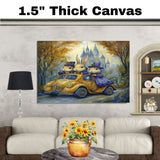 Whimsical Cats Driving Vintage Cars In Magical Forest Fantasy Artwork With Castle In The Background on Ready to Hang 1.5" Thick Canvas Wrap, Floating Framed Canvas, Flat Rolled Canvas