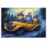Whimsical Wizard Cats Driving Vintage Car Through Enchanted Forest Artwork For Cat Lovers And Storybook Home Decor on Ready to Hang 1.5" Thick Canvas Wrap, Floating Framed Canvas, Flat Rolled Canvas