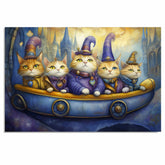 Whimsical Wizard Cats Riding Fantasy Boat In Magical Kingdom Artwork For Cat Lovers And Storybook Inspired Spaces on Ready to Hang 1.5" Thick Canvas Wrap, Floating Framed Canvas, Flat Rolled Canvas