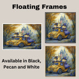 Whimsical Cats Driving Vintage Cars In Magical Forest Fantasy Artwork With Castle In The Background on Ready to Hang 1.5" Thick Canvas Wrap, Floating Framed Canvas, Flat Rolled Canvas