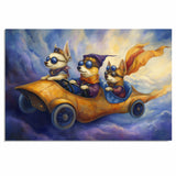 Whimsical Corgi Dogs Racing in a Golden Car Through the Sky on Ready to Hang 1.5" Thick Canvas Wrap, Floating Framed Canvas, Flat Rolled Canvas