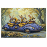 Whimsical Rabbits Driving Through Enchanted Forest In Vintage Car Fantasy Artwork For Animal Lovers And Playful Spaces on Ready to Hang 1.5" Thick Canvas Wrap, Floating Framed Canvas, Flat Rolled Canvas