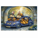 Charming Rabbits Riding Vintage Car Full Of Flowers Whimsical Fantasy Artwork For Animal Lovers And Storybook Spaces on Ready to Hang 1.5" Thick Canvas Wrap, Floating Framed Canvas, Flat Rolled Canvas
