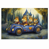 Corgi Dogs Riding Heart Decorated Vintage Car In Forest Whimsical Artwork For Dog Lovers And Dreamy Spaces on Ready to Hang 1.5" Thick Canvas Wrap, Floating Framed Canvas, Flat Rolled Canvas